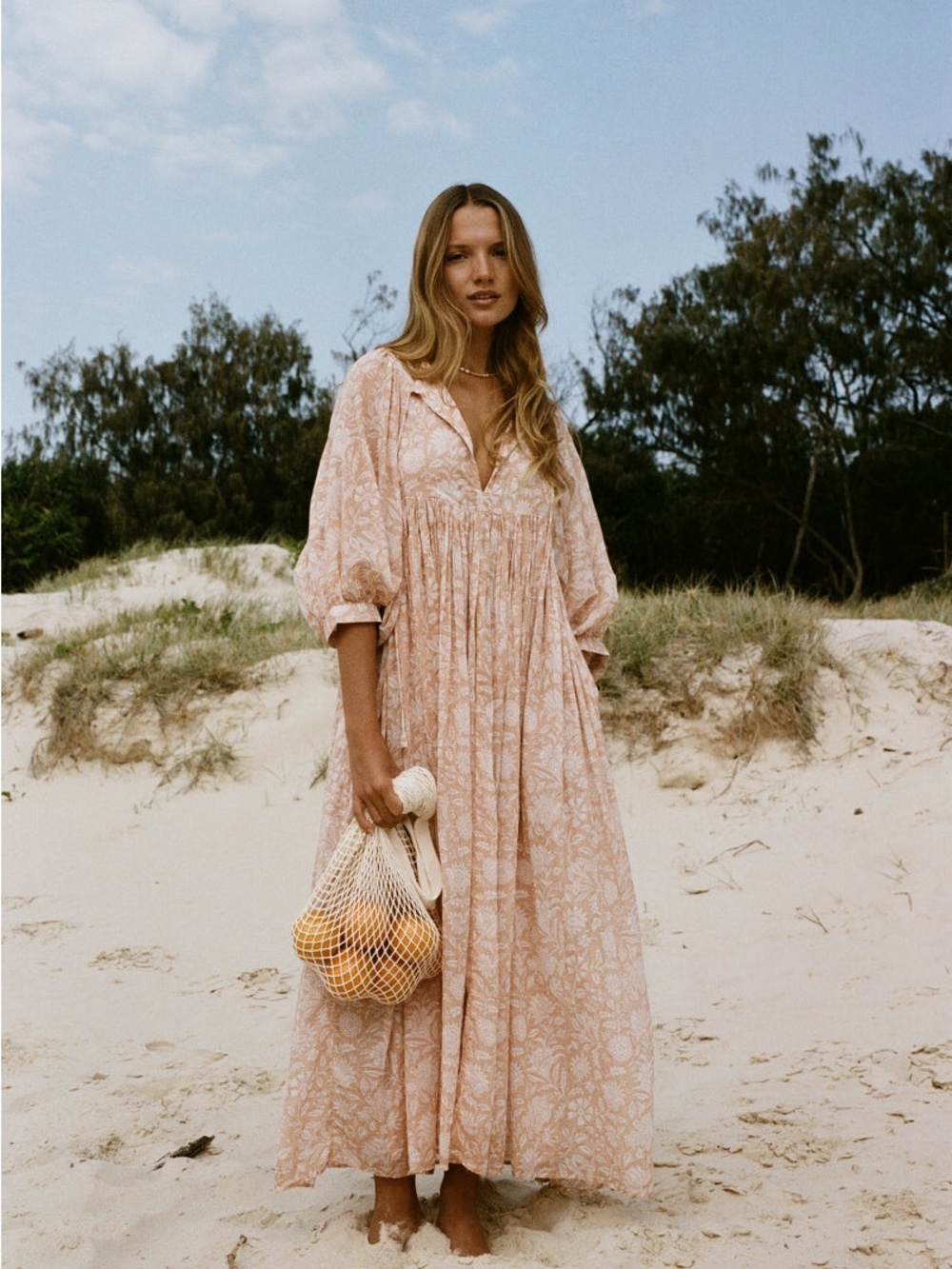Daughters of India Kyra Maxi Dress in Apricot Blush Block Print XXL Pockets